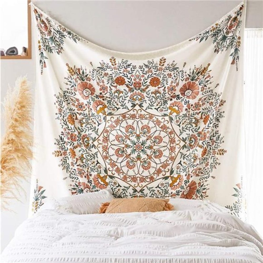 Mandala Flower Tapestry Wall Hanging - Bohemian Hippie White Tapestry Sketched